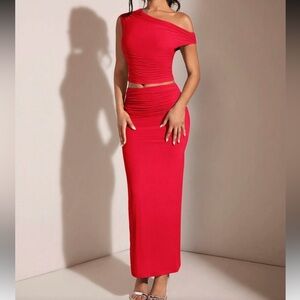 Elegant Red Off-Shoulder Maxi Set